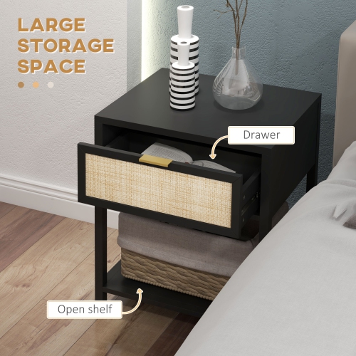 HOMCOM Bedside Table, Boho Nightstand with Drawer, Open Shelf and Rattan Element, Small Side Table for Bedroom, Black