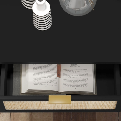 HOMCOM Bedside Table, Boho Nightstand with Drawer, Open Shelf and Rattan Element, Small Side Table for Bedroom, Black