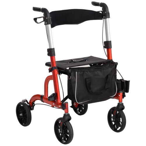 HOMCOM  Rollator Walker for Seniors And Adults \w 8" Wheels, Padded Seat And Backrest, Aluminum Lightweight Folding Rolling Walker \w Adjustable