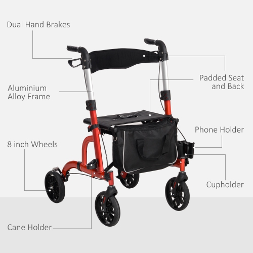 HOMCOM Rollator Walker for Seniors and Adults with 8'' Wheels, Padded Seat and Backrest, Aluminum Lightweight Folding Rolling Walker with Adjustable