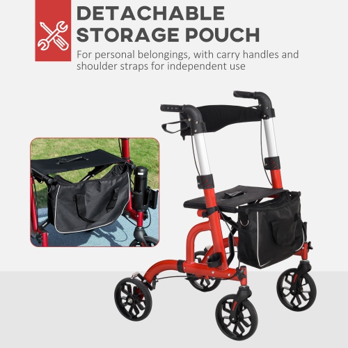 HOMCOM Rollator Walker for Seniors and Adults with 8'' Wheels, Padded Seat and Backrest, Aluminum Lightweight Folding Rolling Walker with Adjustable