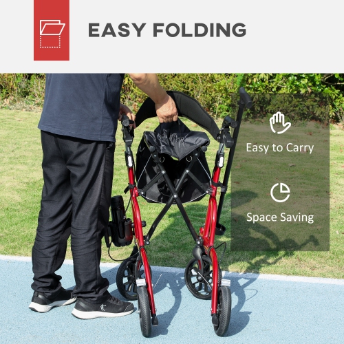 HOMCOM Rollator Walker for Seniors and Adults with 8'' Wheels, Padded Seat and Backrest, Aluminum Lightweight Folding Rolling Walker with Adjustable