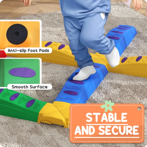 Qaba Balance Beam, 12PCs Stepping Stones Kids with Non-Slip Foot Pads, Toddler Sensory Toys Indoor Outdoor Obstacle Course Kids Fitness Equipment for