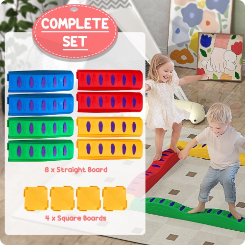 Qaba Balance Beam, 12PCs Stepping Stones Kids with Non-Slip Foot Pads, Toddler Sensory Toys Indoor Outdoor Obstacle Course Kids Fitness Equipment for