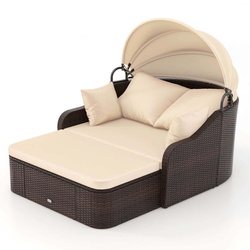 Costway Patio PE Rattan Daybed with Retractable Canopy Soft Cushions and Extra Pillows