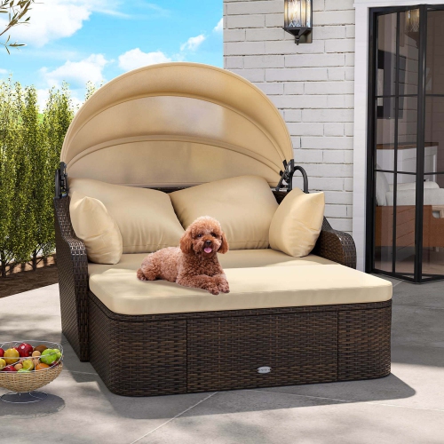 Costway Patio PE Rattan Daybed with Retractable Canopy Soft Cushions and Extra Pillows