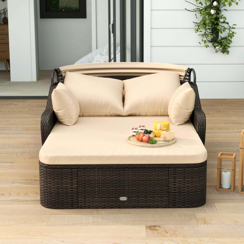 Costway Patio PE Rattan Daybed with Retractable Canopy Soft Cushions and Extra Pillows