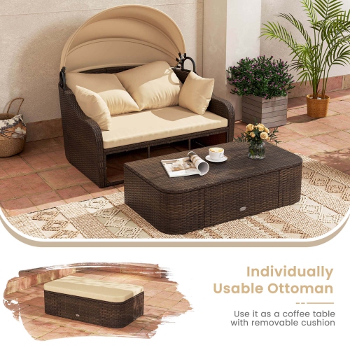 Costway Patio PE Rattan Daybed with Retractable Canopy Soft Cushions and Extra Pillows