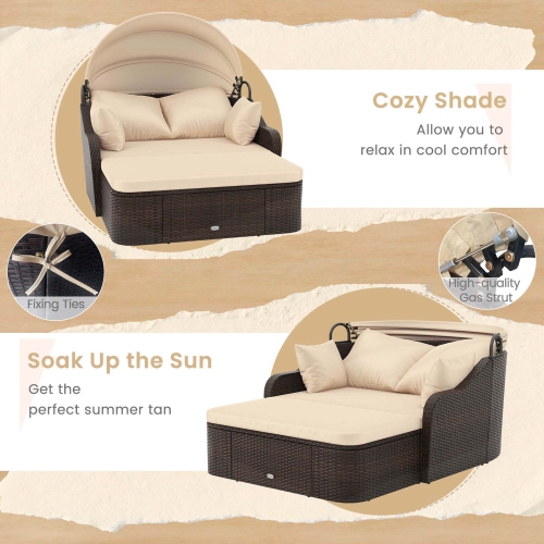 Costway Patio PE Rattan Daybed with Retractable Canopy Soft Cushions and Extra Pillows