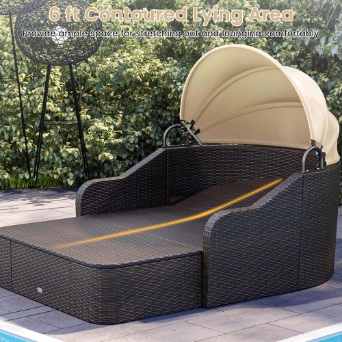 Costway Patio PE Rattan Daybed with Retractable Canopy Soft Cushions and Extra Pillows