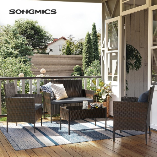 SONGMICS Outdoor PE Rattan Conversation Set – Patio Furniture with Comfortable Seating in Brown and Gray
