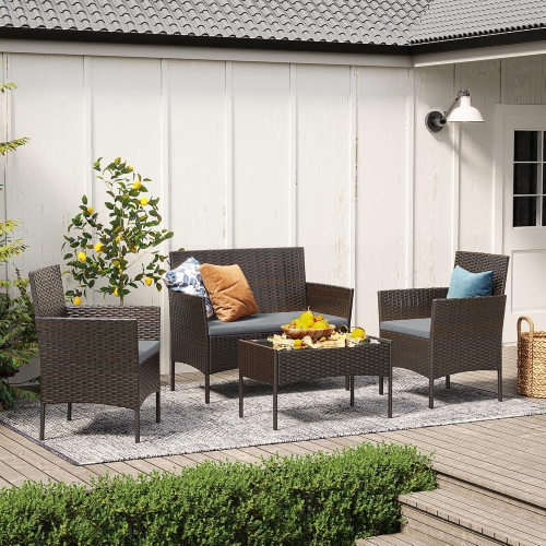 SONGMICS Outdoor PE Rattan Conversation Set – Patio Furniture with Comfortable Seating in Brown and Gray