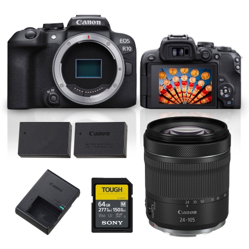 Appareil photo sans miroir EOS R10 de Canon avec objectif RF 24-105&nbsp;mm f/4-7,1 IS STM, carte SD 64&nbsp;Go TOUGH de Sony et batterie