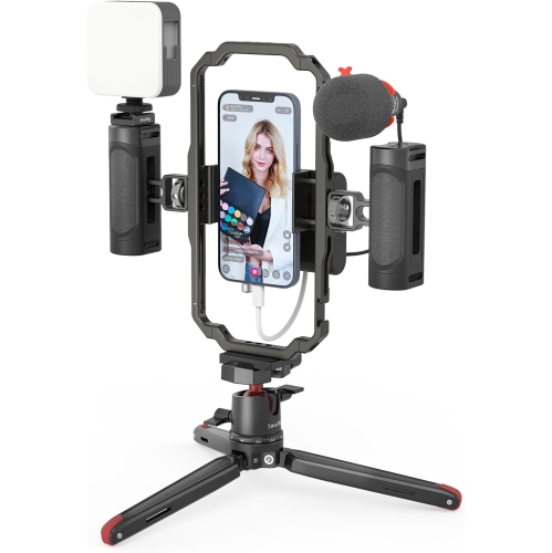 SmallRig Universal Phone Video Rig Kit for iPhone, Smartphone and Cameras, Phone Stabilizer Rig w/Tripod Microphone LED Light, for Vlogging-