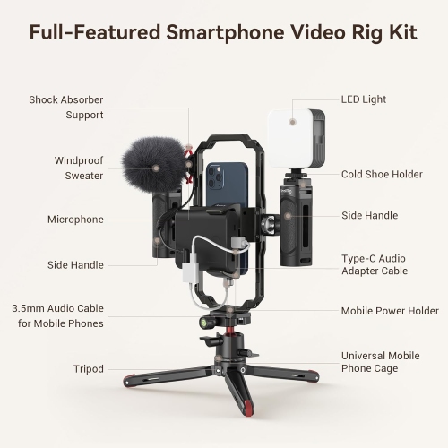 SmallRig Universal Phone Video Rig Kit for iPhone, Smartphone and Cameras, Phone Stabilizer Rig w/Tripod Microphone LED Light, for Vlogging-