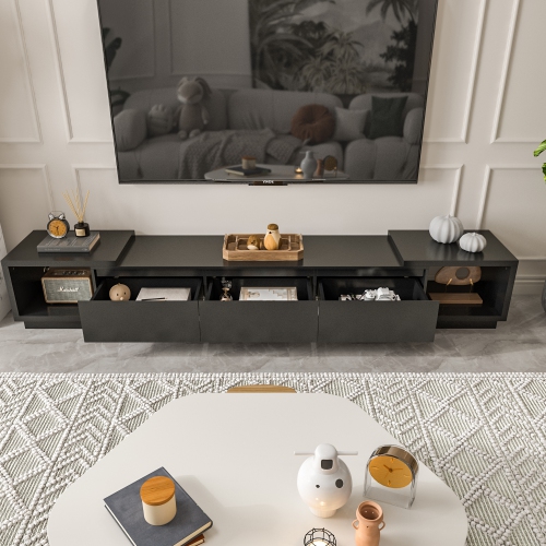 Famapy Extendable TV Stand with Storage Drawers and Open Shelves, Black Wood Media Console, Fits 120" TV