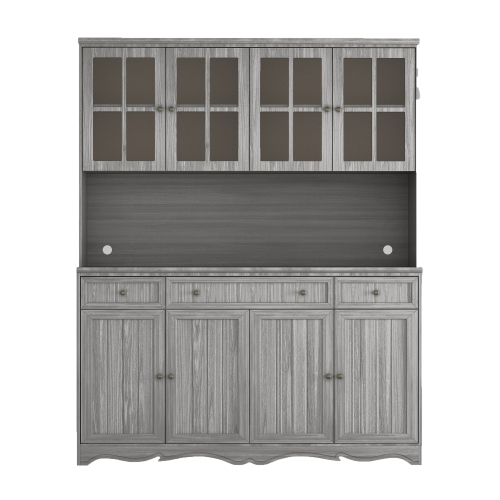 Famapy Large Kitchen Hutch Cabinet with Glass Doors, Drawers & Countertop, Grey