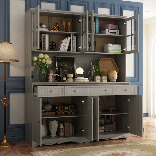 Famapy Large Kitchen Hutch Cabinet with Glass Doors, Drawers & Countertop, Grey