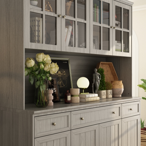 Famapy Large Kitchen Hutch Cabinet with Glass Doors, Drawers & Countertop, Grey