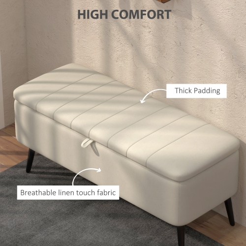 HOMCOM – Pouf de rangement avec dessus rabattable, banc rectangulaire recouvert, repose-pieds en lin avec pattes en acier pour salon, chambre à