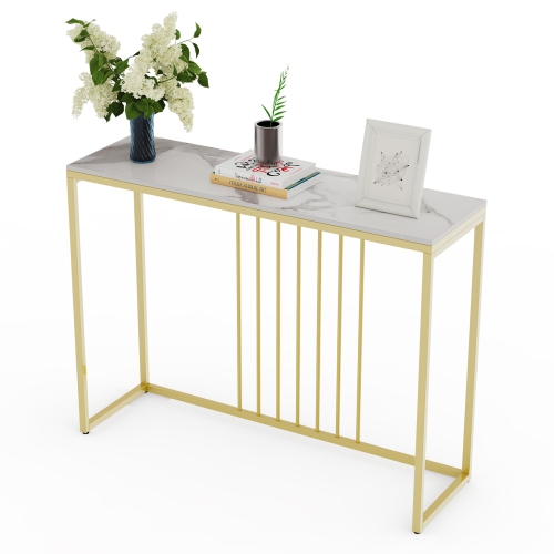 UNHO  Natural Marble Long Console Table Behind Couch Genuine Sintered Stone Table Modern Table Sturdy Sofa Side Table \w Metal Golden Frame for Home