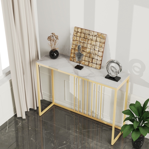 Natural Marble Long Console Table Behind Couch Genuine Sintered Stone Table Modern Table Sturdy Sofa Side Table with Metal Golden Frame for Home