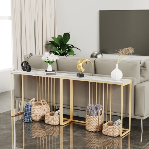 Natural Marble Long Console Table Behind Couch Genuine Sintered Stone Table Modern Table Sturdy Sofa Side Table with Metal Golden Frame for Home