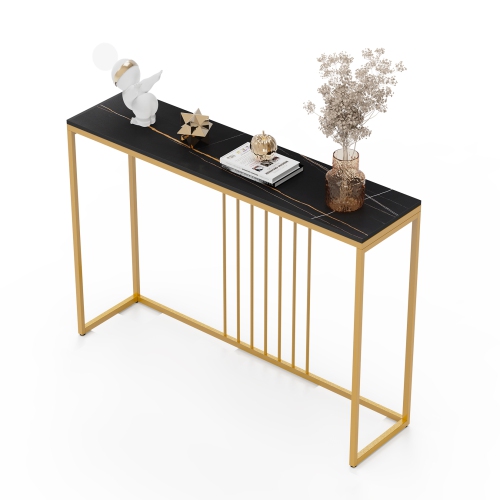 Natural Marble Long Console Table Behind Couch Genuine Sintered Stone Table Modern Table Sturdy Sofa Side Table with Metal Golden Frame for Home