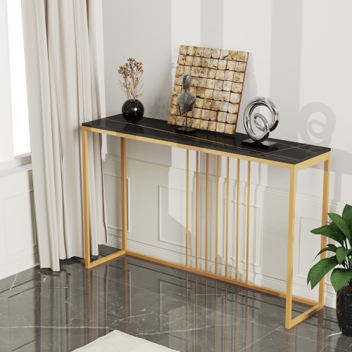 Natural Marble Long Console Table Behind Couch Genuine Sintered Stone Table Modern Table Sturdy Sofa Side Table with Metal Golden Frame for Home