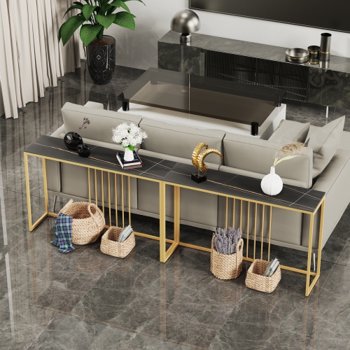 Natural Marble Long Console Table Behind Couch Genuine Sintered Stone Table Modern Table Sturdy Sofa Side Table with Metal Golden Frame for Home