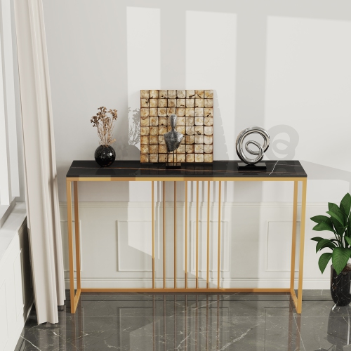 Natural Marble Long Console Table Behind Couch Genuine Sintered Stone Table Modern Table Sturdy Sofa Side Table with Metal Golden Frame for Home