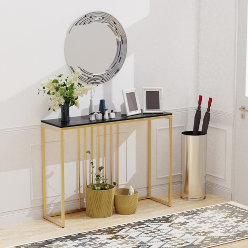 Natural Marble Long Console Table Behind Couch Genuine Sintered Stone Table Modern Table Sturdy Sofa Side Table with Metal Golden Frame for Home
