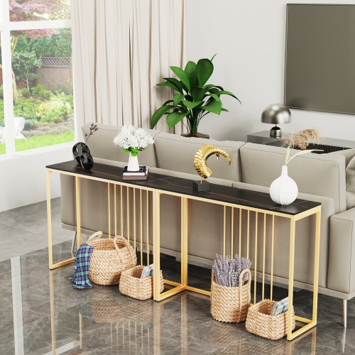 Natural Marble Long Console Table Behind Couch Genuine Sintered Stone Table Modern Table Sturdy Sofa Side Table with Metal Golden Frame for Home