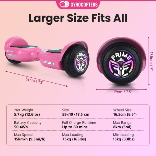 Gyrocopters Prime All-Terrain Hoverboard | Speed up to 15km/h | 300W Powerful Motor | 6.5” LED wheels | 165 lbs weight capacity | UL2272 certified |