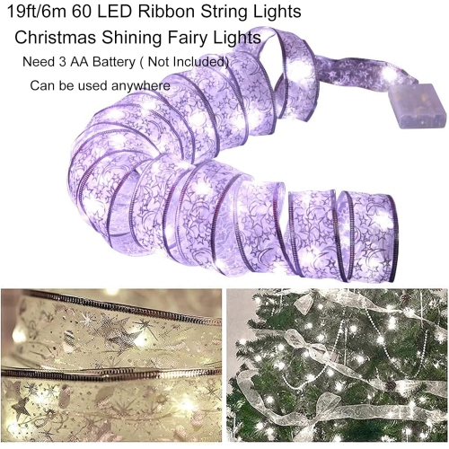 Christmas Tree Ribbon Fairy Lights, 19ft/6m 60 LED Shining Ribbon String Lights, Waterproof Battery Operated Xmas Tree Lights for Christmas New Year