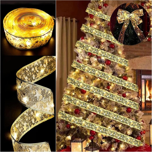 Christmas Tree Ribbon Fairy Lights, 19ft/6m 60 LED Shining Ribbon String Lights, Waterproof Battery Operated Xmas Tree Lights for Christmas New Year