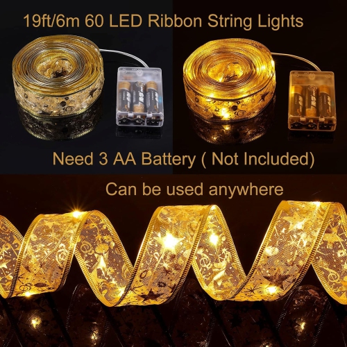 Christmas Tree Ribbon Fairy Lights, 19ft/6m 60 LED Shining Ribbon String Lights, Waterproof Battery Operated Xmas Tree Lights for Christmas New Year