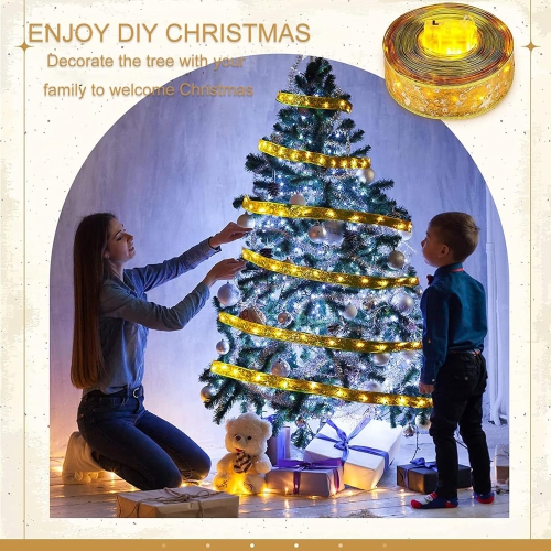 Christmas Tree Ribbon Fairy Lights, 19ft/6m 60 LED Shining Ribbon String Lights, Waterproof Battery Operated Xmas Tree Lights for Christmas New Year