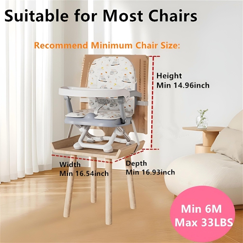 Folding Toddler Booster Seat for Dining Table, Portable Baby Chair with 4 Adjustable Heights and 3-Point Harness, Travel Booster Seat for