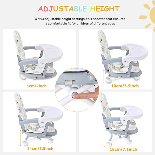 Folding Toddler Booster Seat for Dining Table, Portable Baby Chair with 4 Adjustable Heights and 3-Point Harness, Travel Booster Seat for
