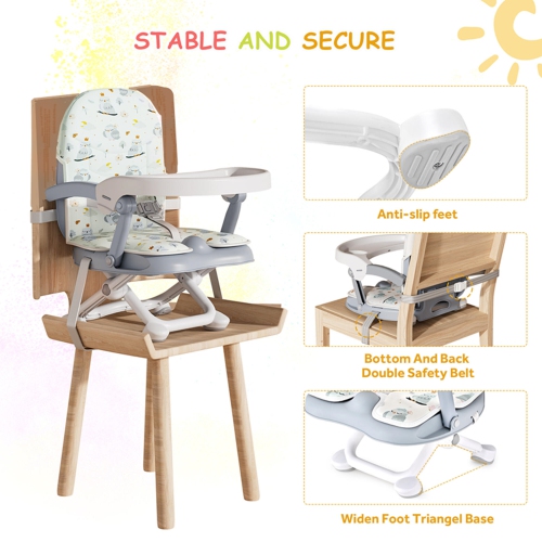 Folding Toddler Booster Seat for Dining Table, Portable Baby Chair with 4 Adjustable Heights and 3-Point Harness, Travel Booster Seat for