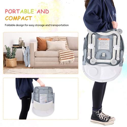 Folding Toddler Booster Seat for Dining Table, Portable Baby Chair with 4 Adjustable Heights and 3-Point Harness, Travel Booster Seat for