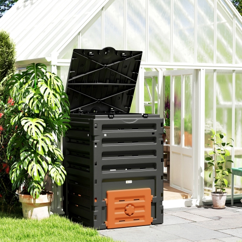 Outsunny Compost Bin, 120 Gallon Garden Composter with Gloves, 80 Vents and 2 Sliding Doors, Lightweight & Solid, Fast Creation of Fertile Soil,