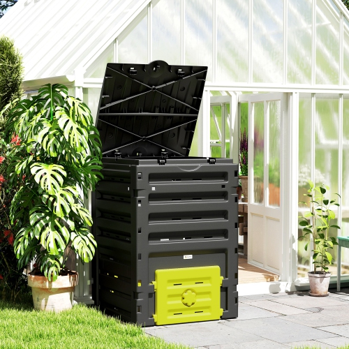 Outsunny Compost Bin, 120 Gallon Garden Composter with Gloves, 80 Vents and 2 Sliding Doors, Lightweight & Solid, Fast Creation of Fertile Soil,