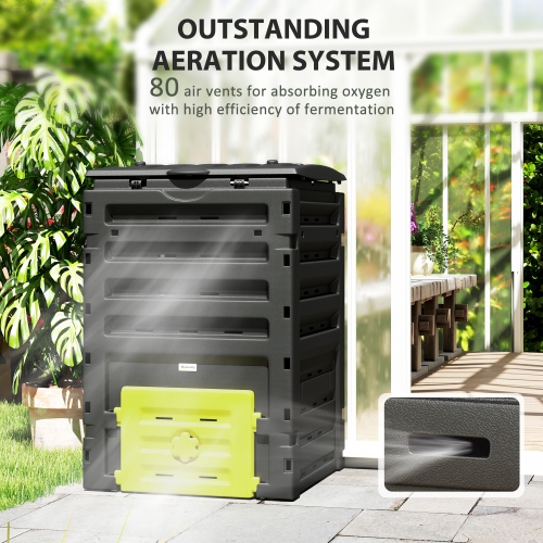 Outsunny Compost Bin, 120 Gallon Garden Composter with Gloves, 80 Vents and 2 Sliding Doors, Lightweight & Solid, Fast Creation of Fertile Soil,