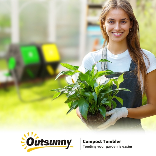 Outsunny 34.5 Gallon Dual Chamber Compost Bin, Rotating Composter, Compost Tumbler with 24 Ventilation Openings and Steel Legs, Yellow and Green