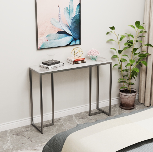 39.4 Inch Luxury Marble Console Table Elegant Modern Console Table Accent LongTable Home Furniture with Black Metal Legs for Living Room Entryway