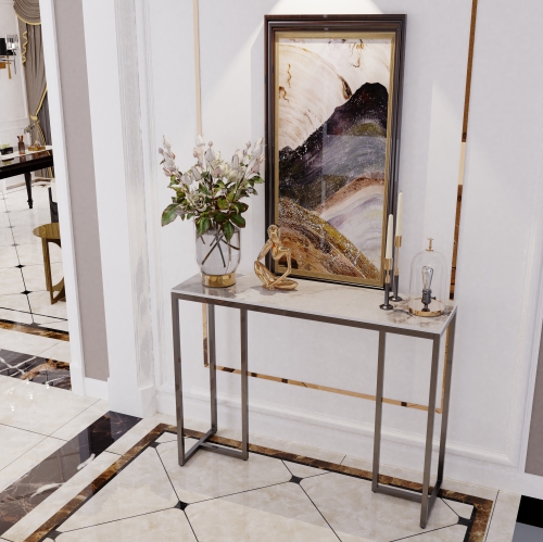 39.4 Inch Luxury Marble Console Table Elegant Modern Console Table Accent LongTable Home Furniture with Black Metal Legs for Living Room Entryway