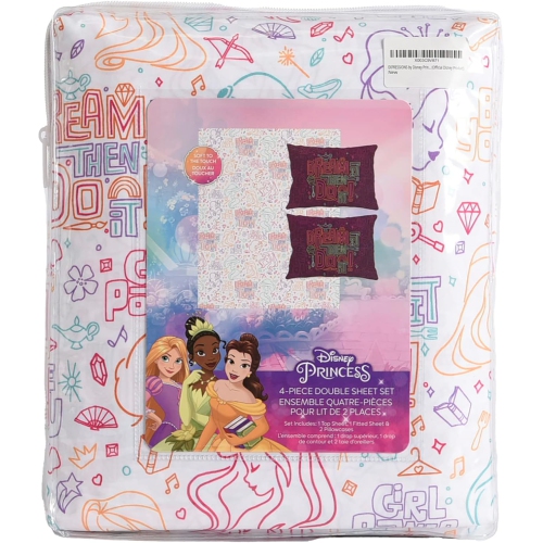 Disney Princess 4 Piece Full Bedding Sheet Set for Kids - Flat Sheet, Fitted Sheet and 2 Pillowcases
