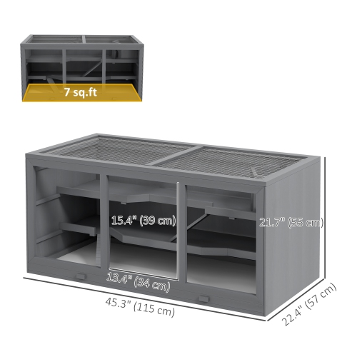 PawHut Wooden Hamster Cage, Mouse Mice Rat Cage for Small Animal, 3 Tier Exercise Play House with Slide, Tray, Grey